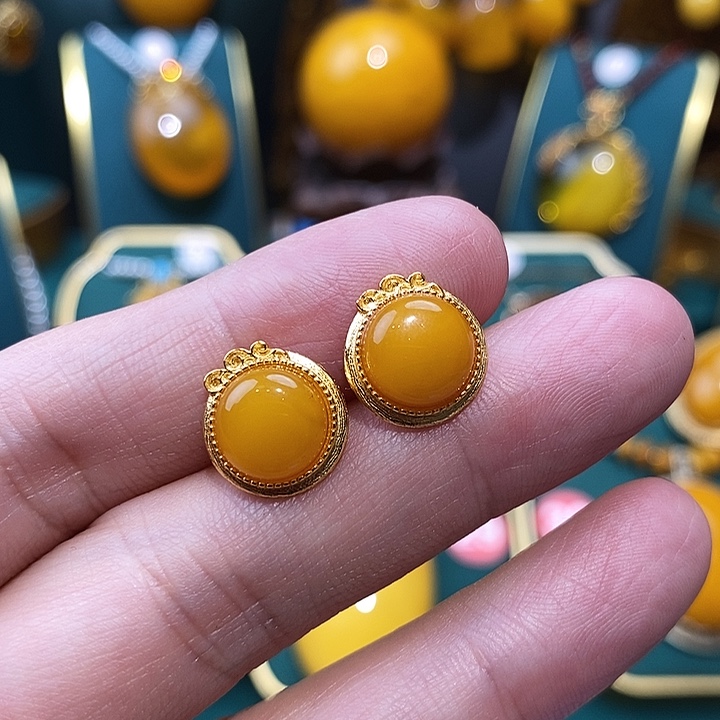 蜜蜡耳饰银S925镀金镶嵌J*W