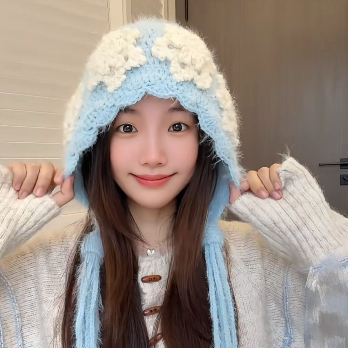 【有教程】羊毛线雪花帽子雪绒线水母流苏毛绒护耳帽diy编织材料包