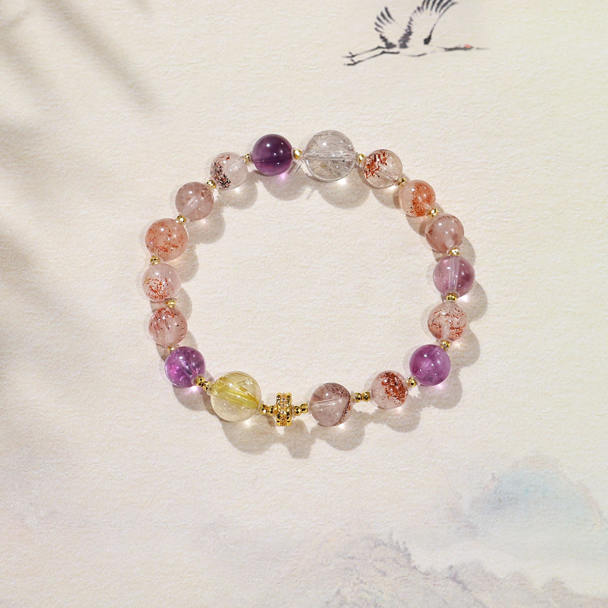 【富九州】（赚米跟呼吸一样简单）18K金超七板钛晶天然水晶手串