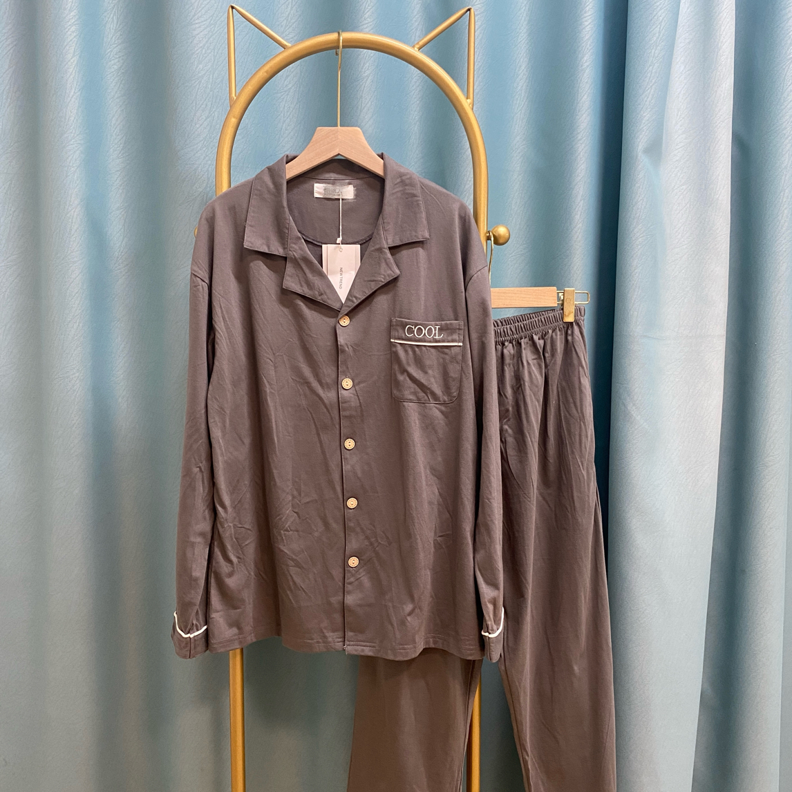 纯棉男士睡衣秋季秋冬翻领套装长袖长裤可外穿时尚家居服