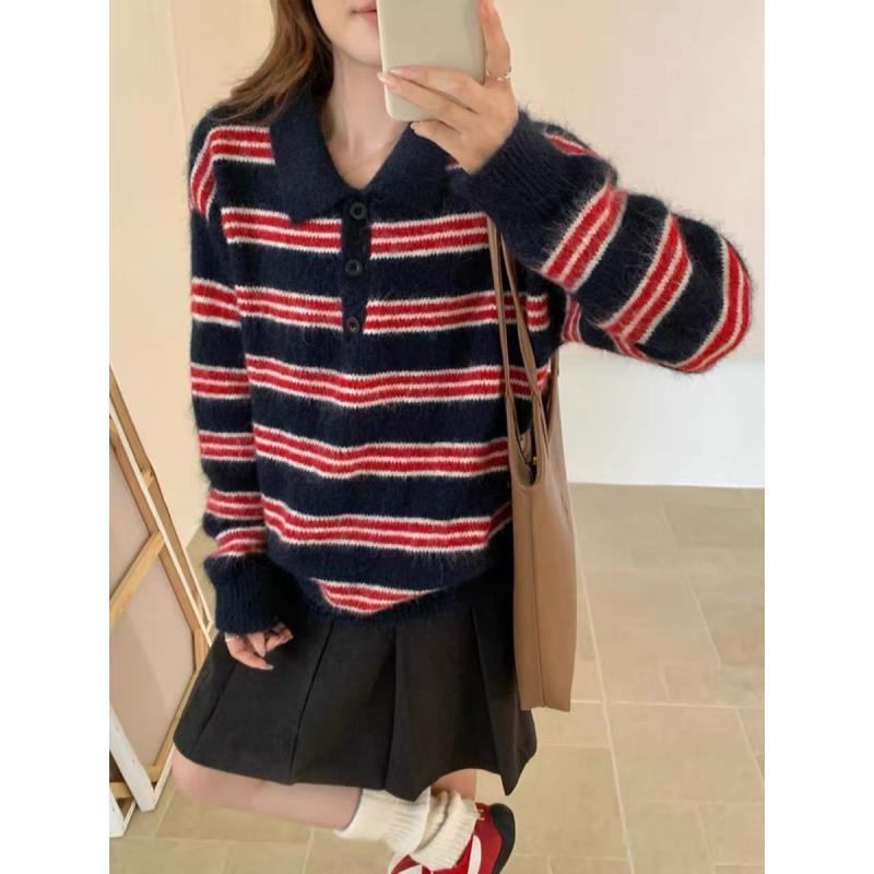POLO领韩系经典套头翻领条纹针织休闲百搭秋冬针织毛衣-QW498