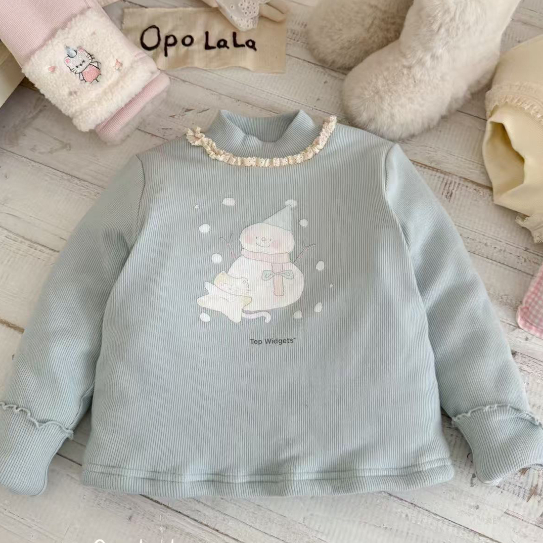 opolala·2025冬～花边小雪人蚕厚丝棉打底衫77212女童卡通可爱