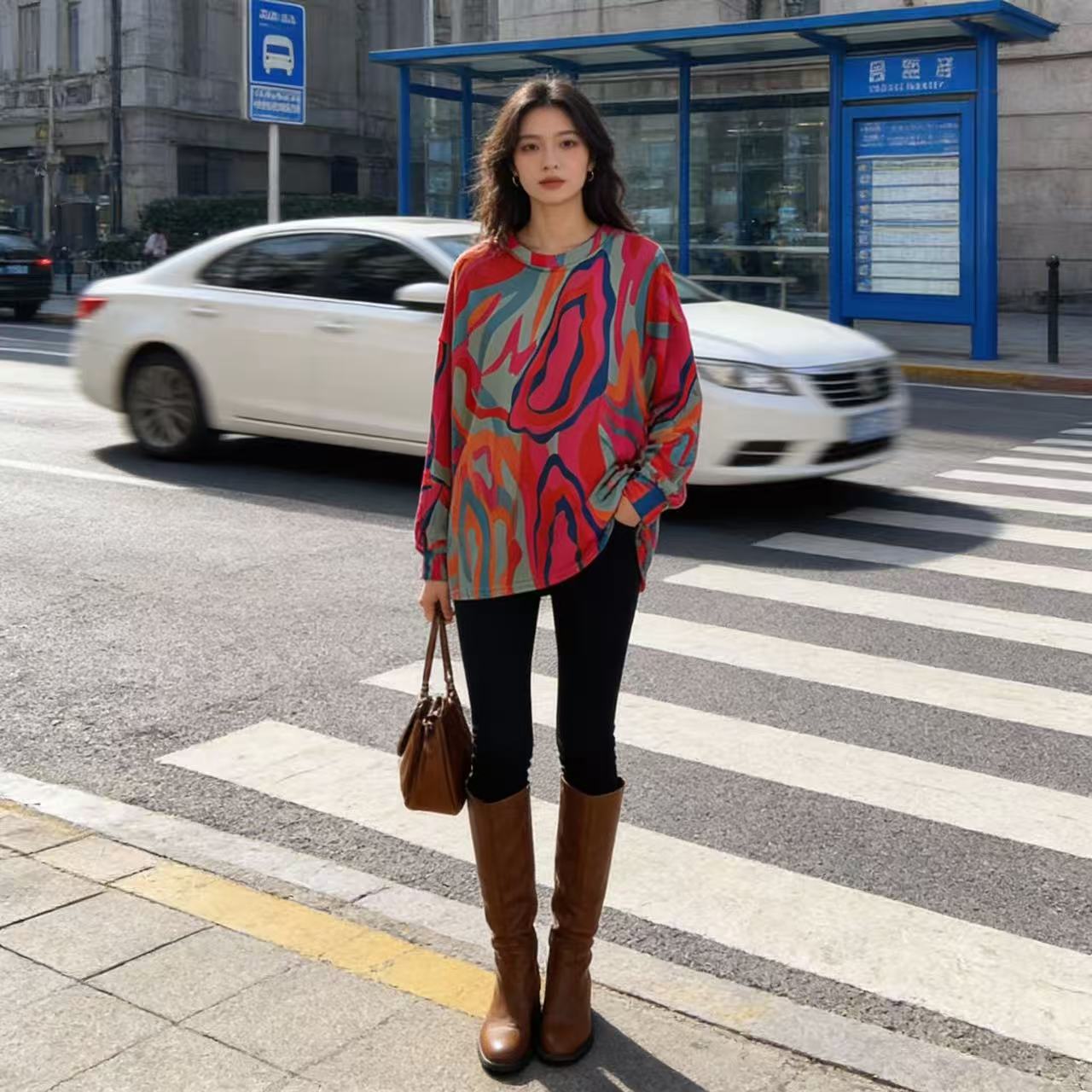 2025冬季新款洋气圈红条纹宽松妈妈装时尚德绒保暖印花T恤女上衣