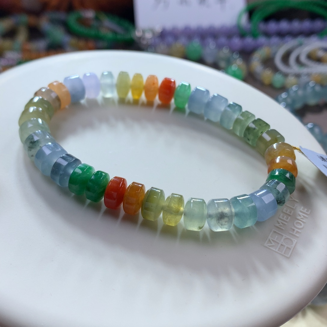 翡翠手链未镶嵌浓艳彩多宝桶珠卡7加