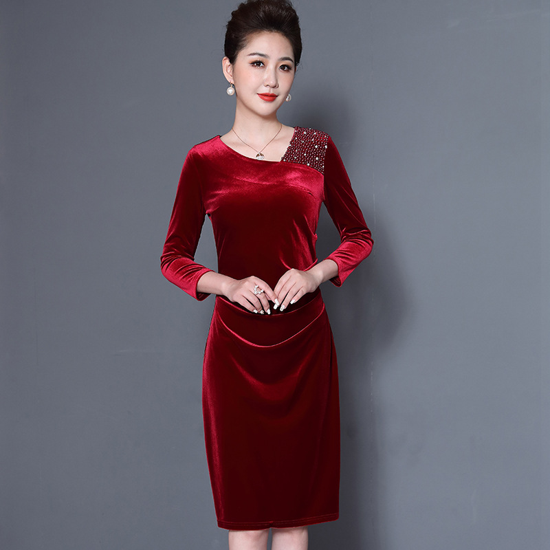 喜妈妈婚宴装金丝绒重工钉珠连衣裙晚礼服女装高端2025旗袍新款