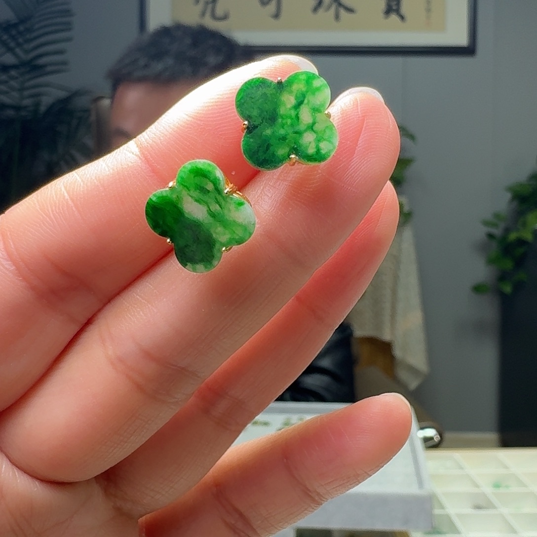 翡翠银S925镶嵌耳饰天然