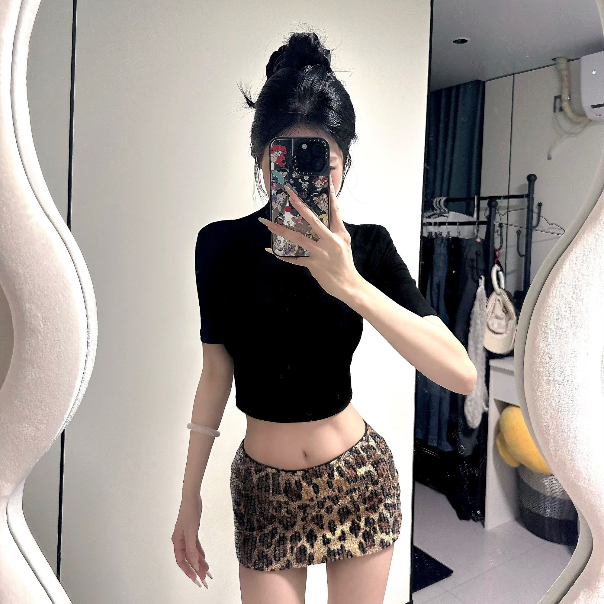 【无定义】中袖露腰修身上衣+豹纹短裙套装时尚气质女夏