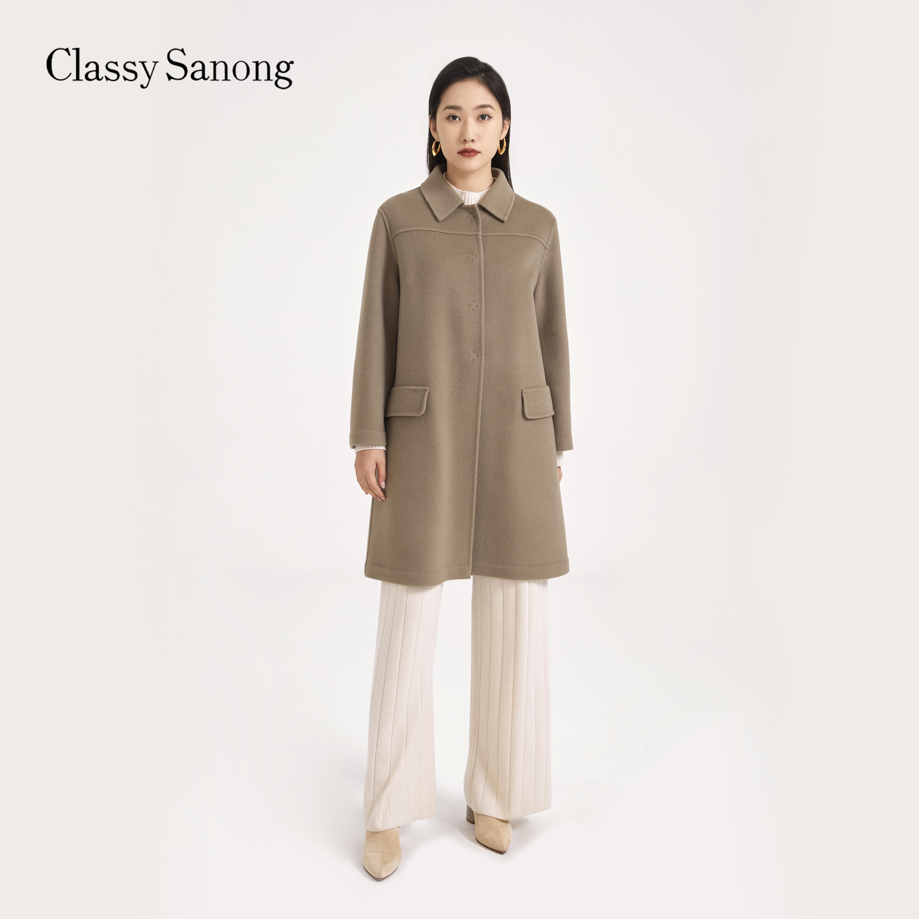 CLASSY SANONG秋冬新款复古风气质灰绿色骆驼绒双面毛呢大衣