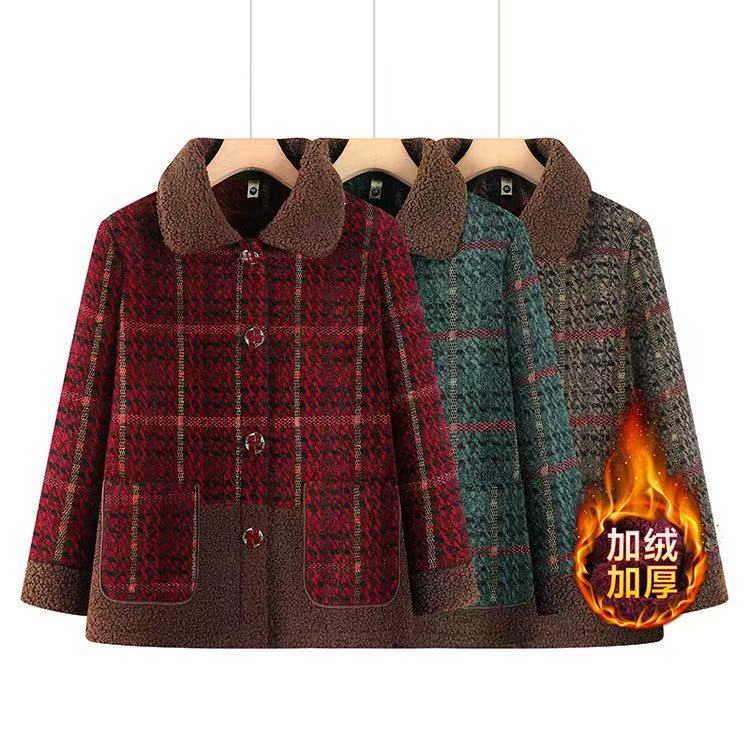 中老年加绒加厚外套中老年大翻领保暖格子棉衣 依891