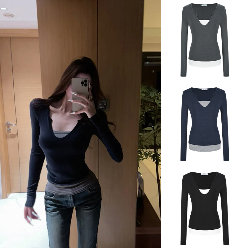 Moses Queen/魔西女王假两件低领打底女内搭上衣修身显瘦长袖T恤