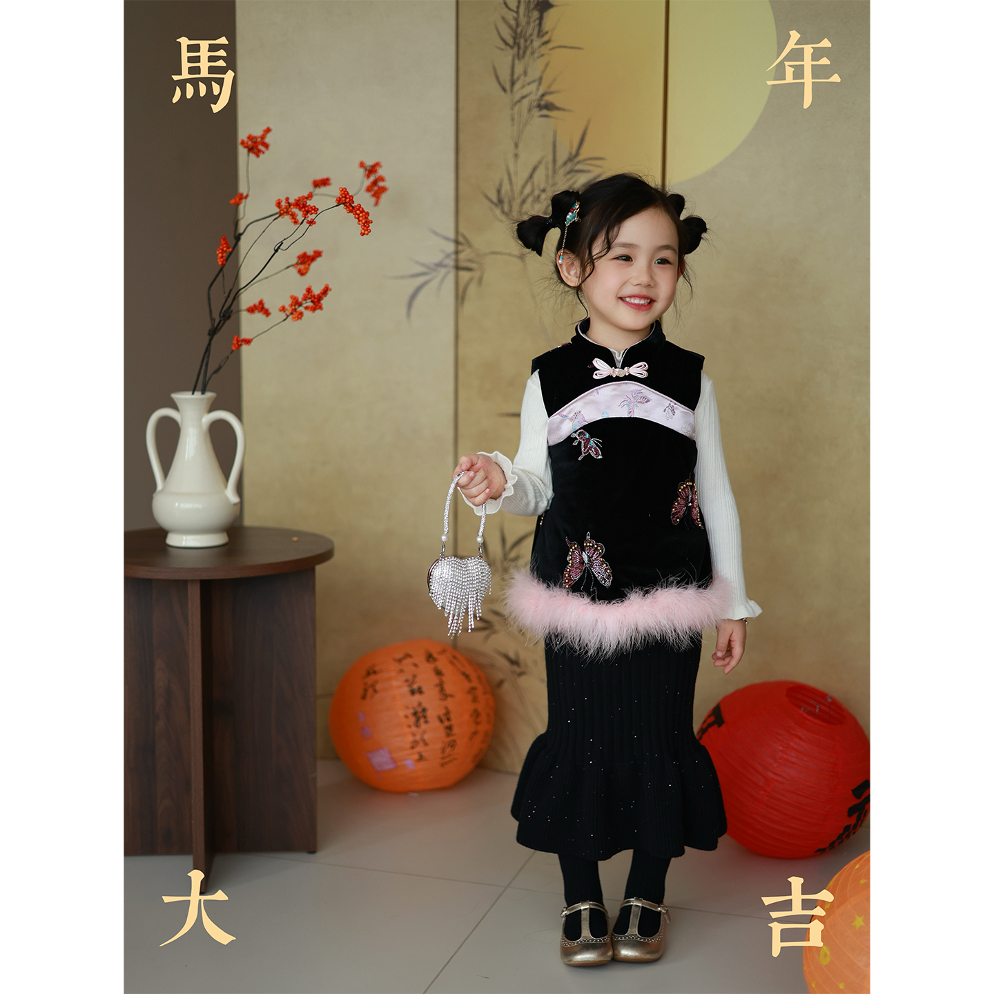 LUCAMA【粉金蝴蝶】女童新中式拜年服丝绒拼接蝴蝶结刺绣马甲