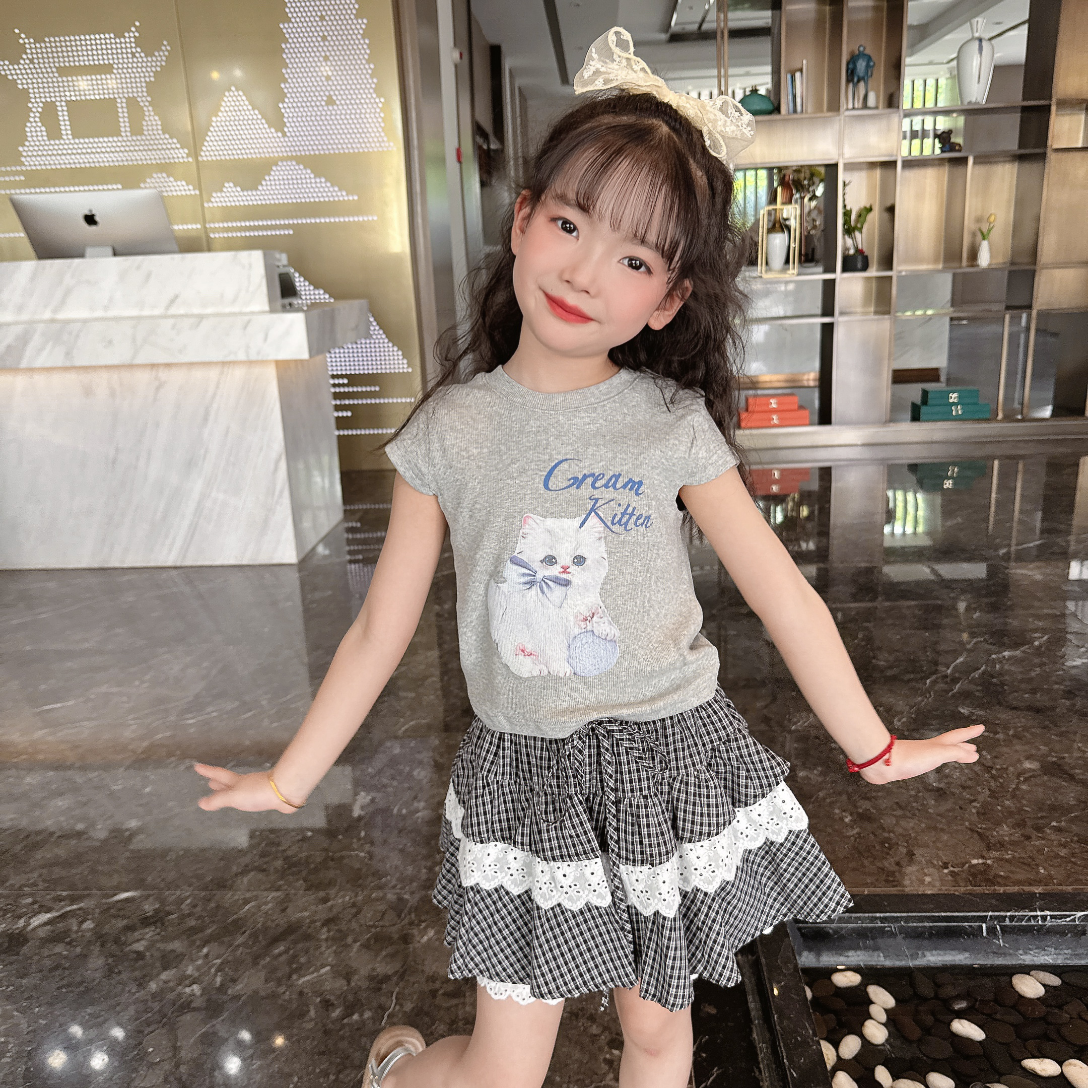 【现货】2025女童露背小猫T恤格子裙2件套女宝宝夏款薄款凉快套装甜