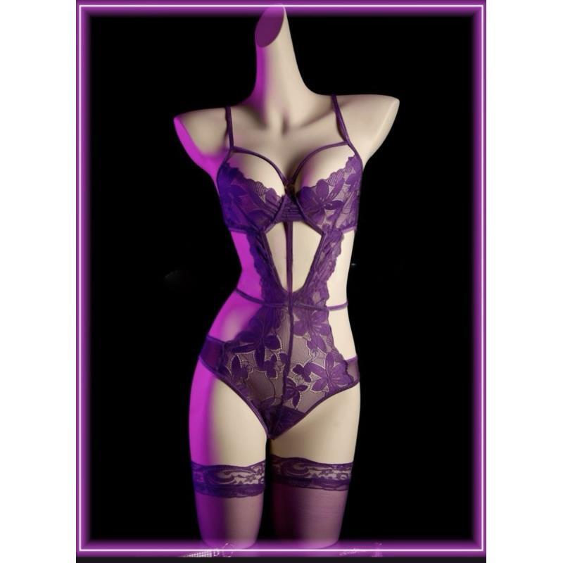 贝丽 纯欲性感紫色蕾丝镂空免脱连体大码女性内衣