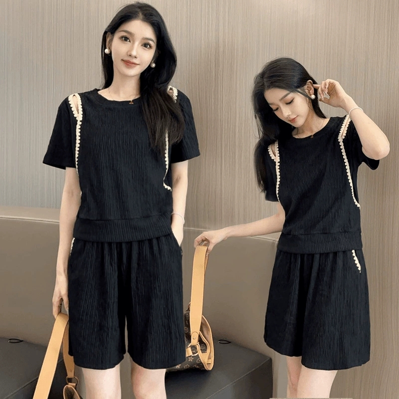 褶皱花边休闲套装女夏季新款显瘦时尚百搭宽松露肩短袖两件套