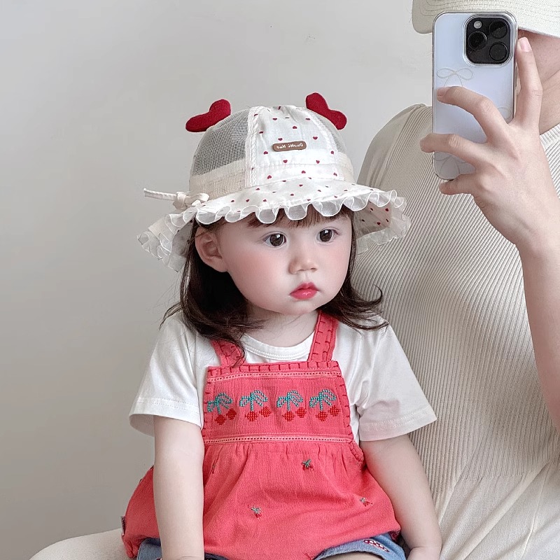 婴儿帽子夏季薄款透气网纱渔夫帽男女宝宝小月龄遮阳防晒甜美盆帽