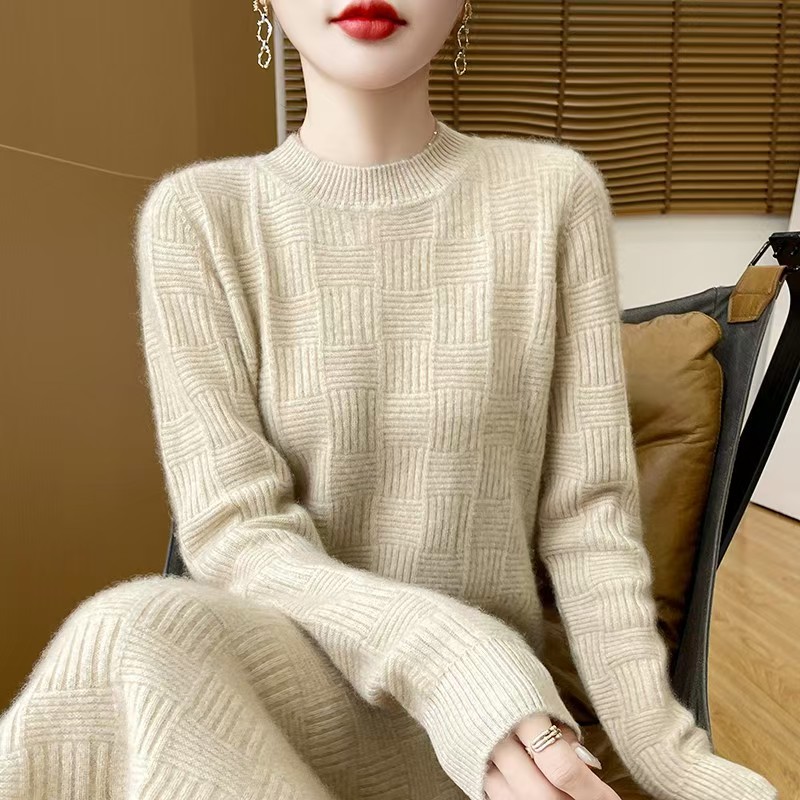 高端秋冬100%纯羊毛衫加厚圆领针织连衣裙女纯色扭花长款过膝裙子