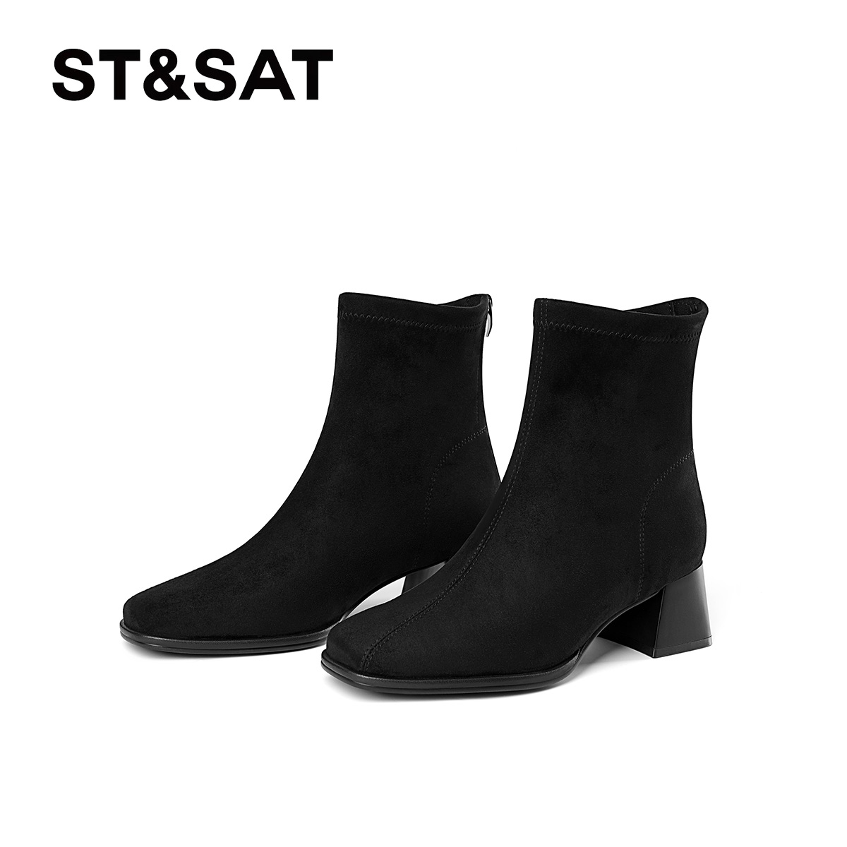 St&Sat/星期六粗跟时尚千金风秋季短靴不累脚方头中跟百搭时装靴
