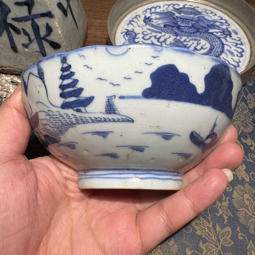 Q青花山水风景图瓷片标本学习收藏顺丰包邮