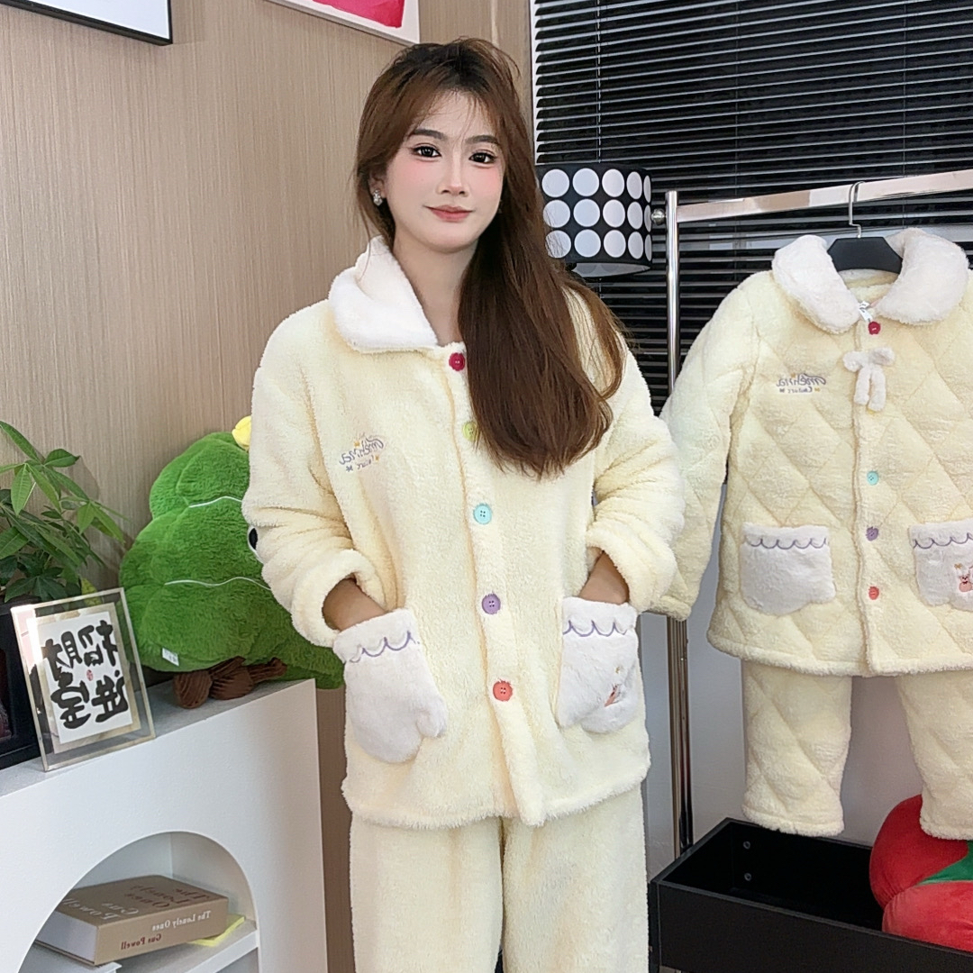 睡衣套装家居服舒适长袖珊瑚绒保暖冬季上衣甜美加厚休闲可外穿