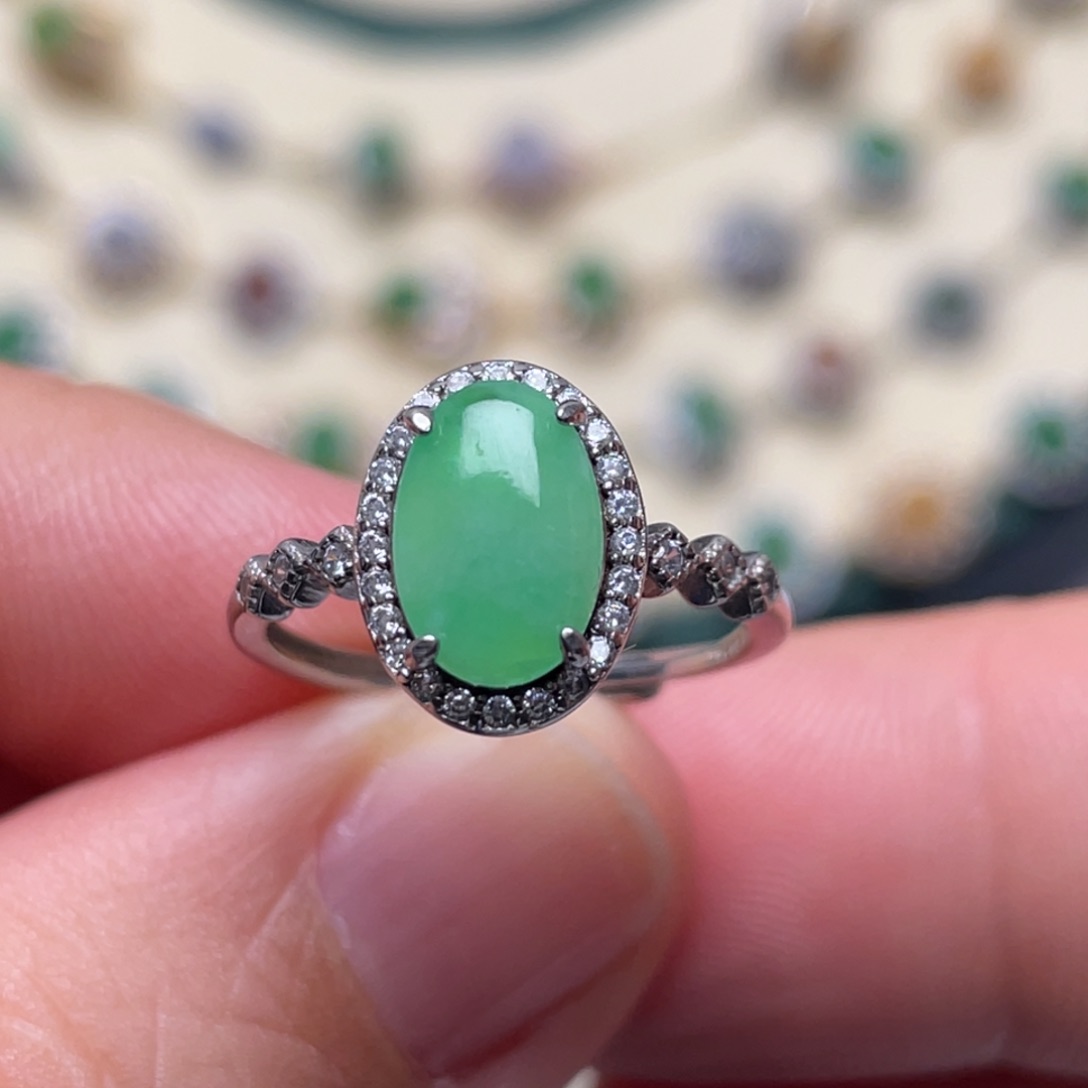 翡翠戒指银S925镶嵌纯天然缅甸翡翠