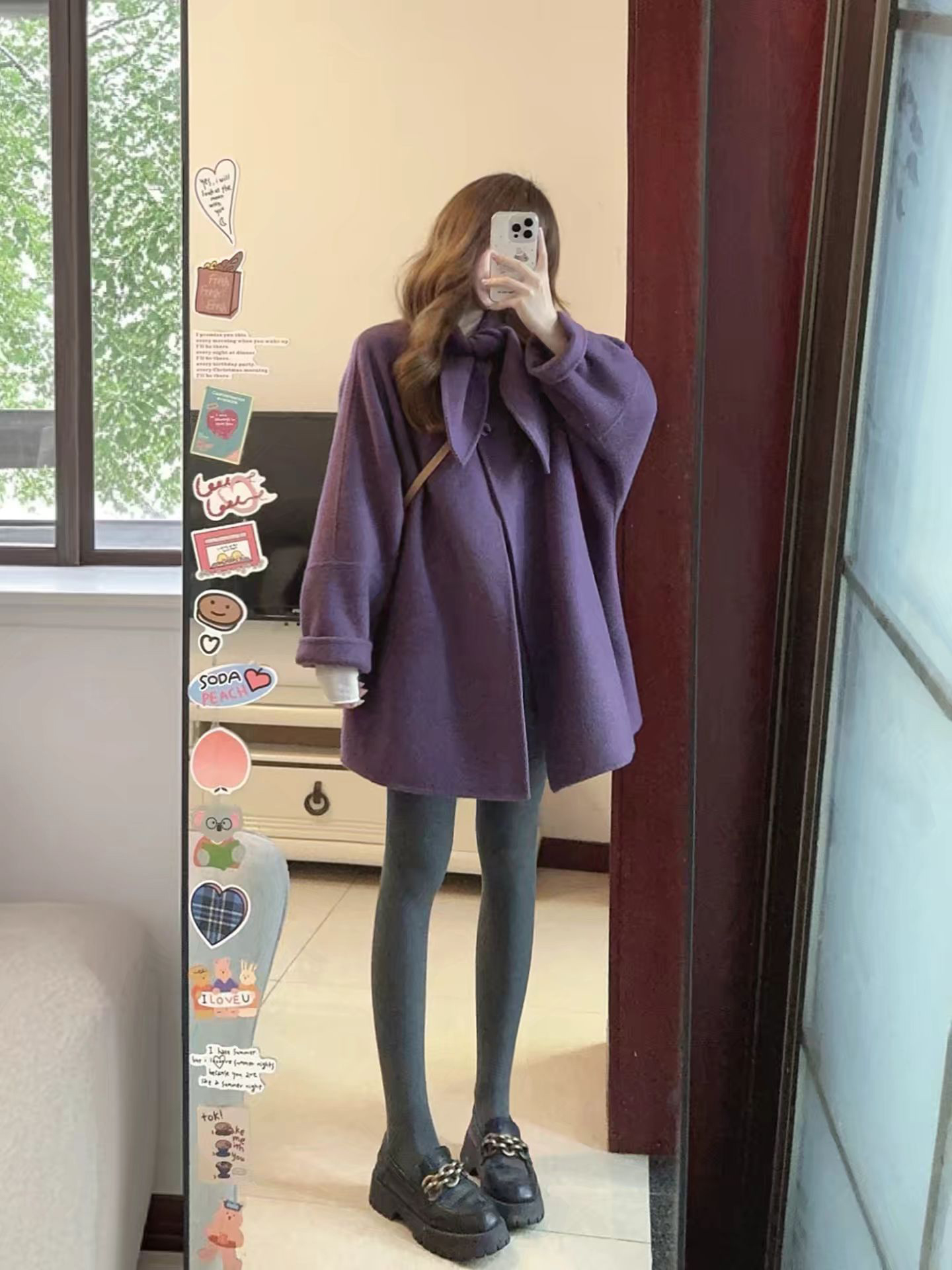 法式氛围感紫色系带蝴蝶结毛呢外套冬季新款中长款加厚保暖厚大衣