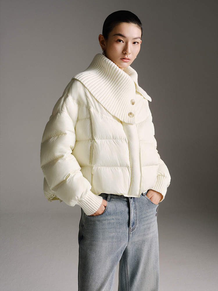 艾家商场同款2025冬新款简约针织领短款羽绒服面包服女41030020