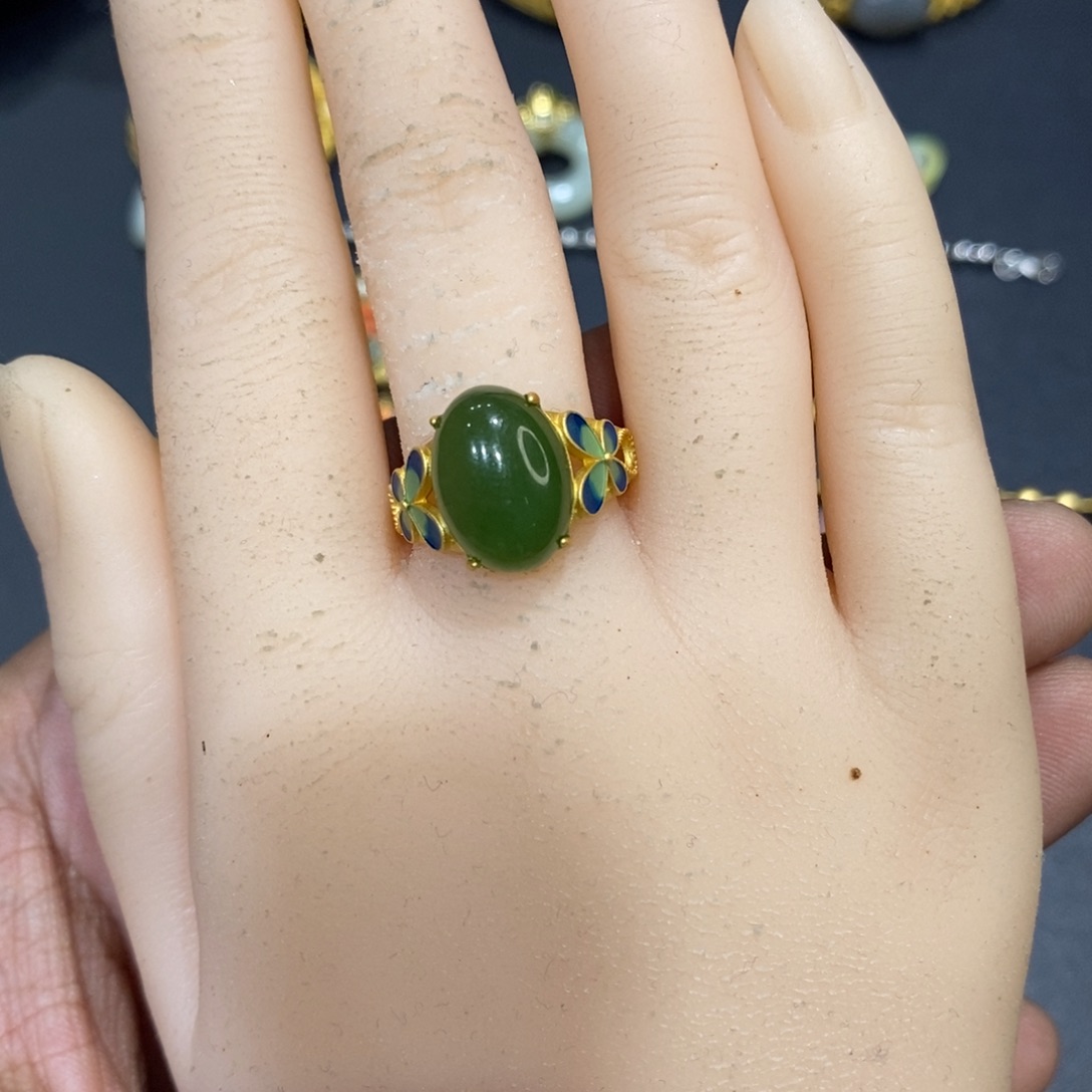 和田玉戒指银S925镀金镶嵌