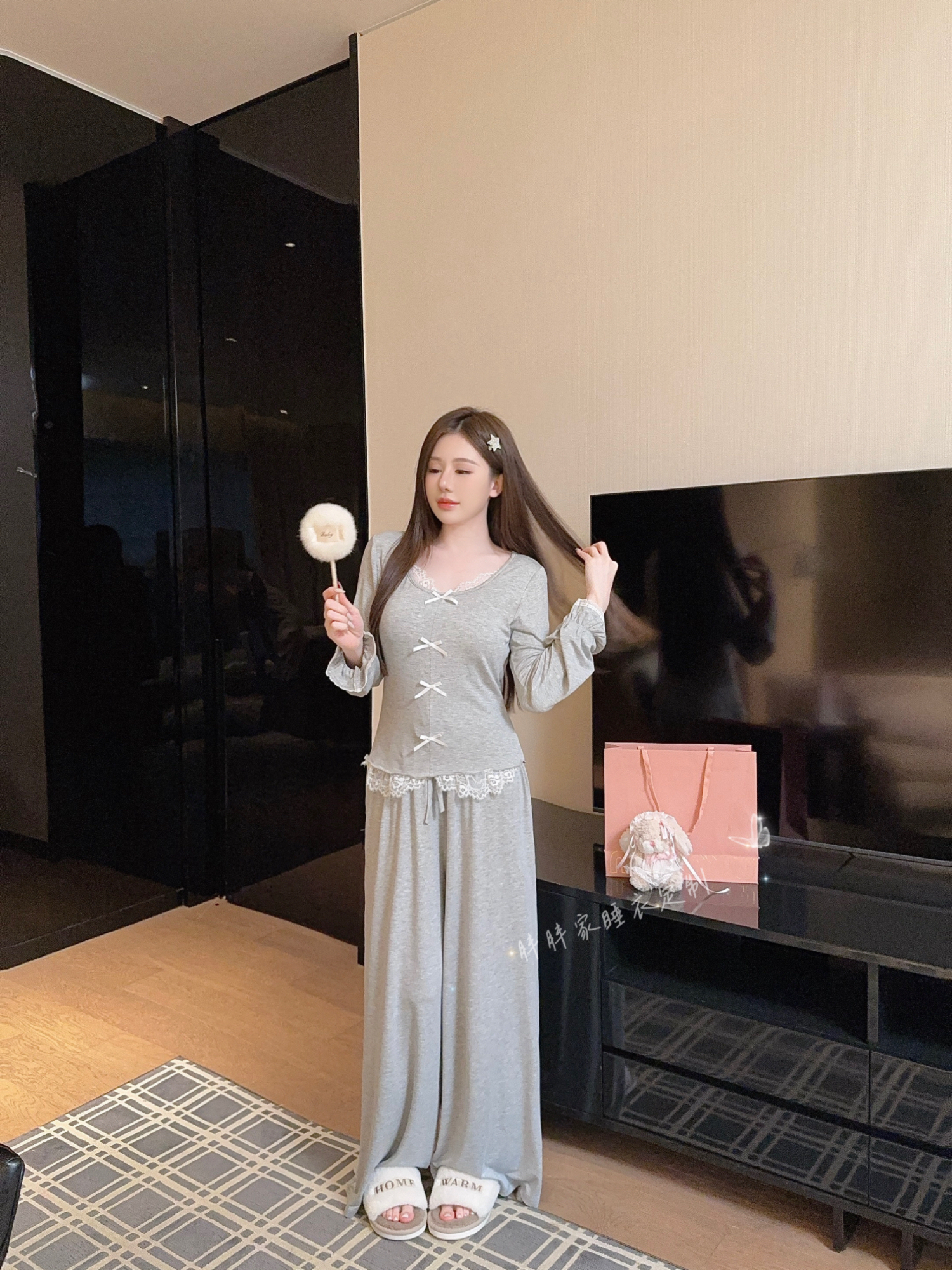 【赫拉小姐】纯欲风睡衣女带胸垫秋季长袖代尔棉家居服气质可外穿