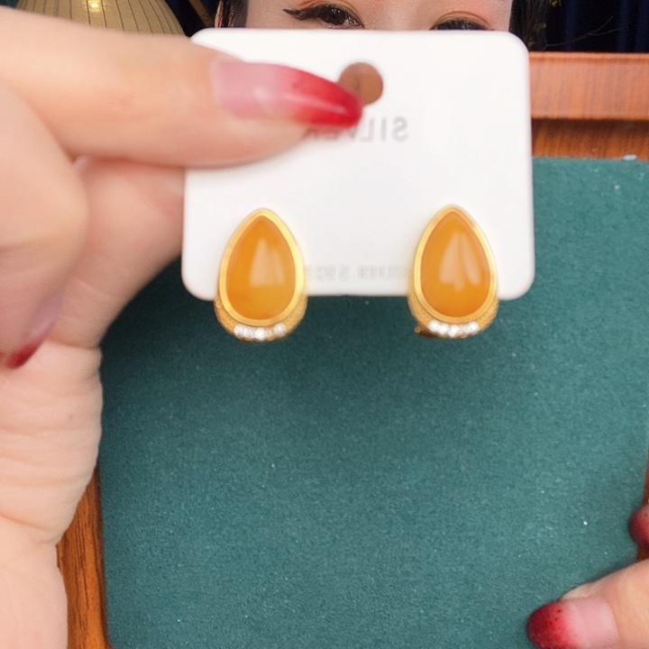 蜜蜡耳饰银S925镶嵌耳钉