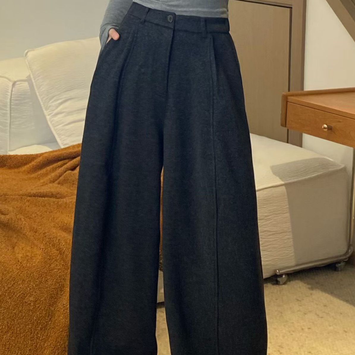 垂感羊毛休闲长裤2025秋冬新款梨型身材挺阔百搭阔腿裤