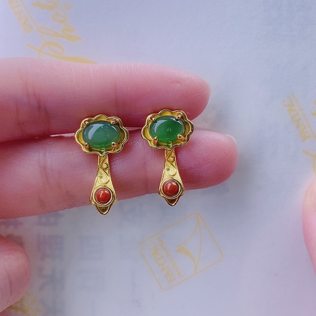 和田玉（碧玉）耳饰银S925镀金镶嵌