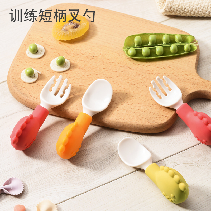 宝宝叉勺套装学吃训练婴幼儿PPSU短柄硅胶叉勺儿童辅食弯曲勺