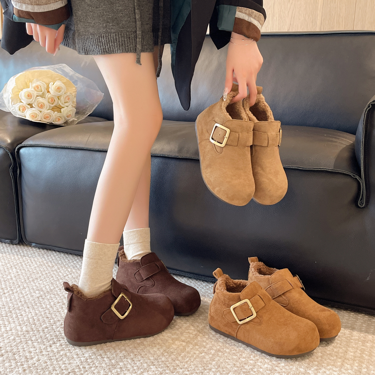 小个子增高2025秋冬新款复古加绒丑萌大头勃肯鞋女厚底懒人棉鞋女