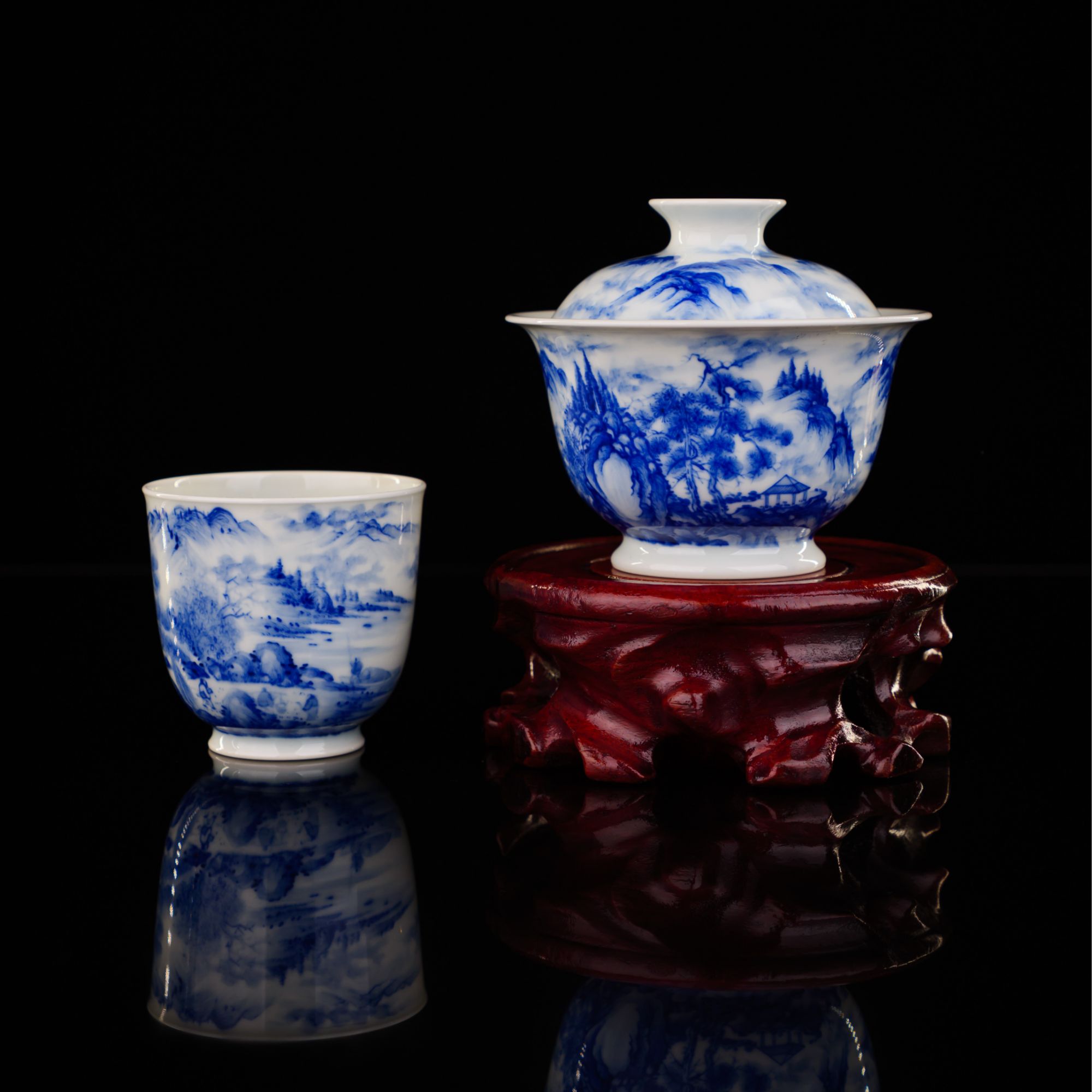 禄意窑青花手绘山水两才盖碗主人杯景德镇茶具陶瓷手工手绘