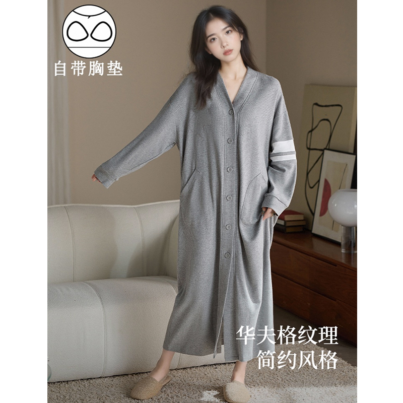 高颜值女士睡裙春秋季带胸垫睡衣长款睡袍大码浴袍长裙大码家居服