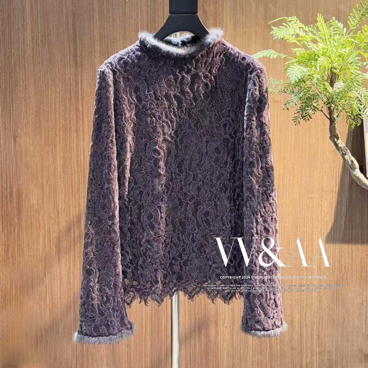 VV&AA 秋冬打底复古镂空蕾丝长袖衬衫圆领小毛条 SY3794