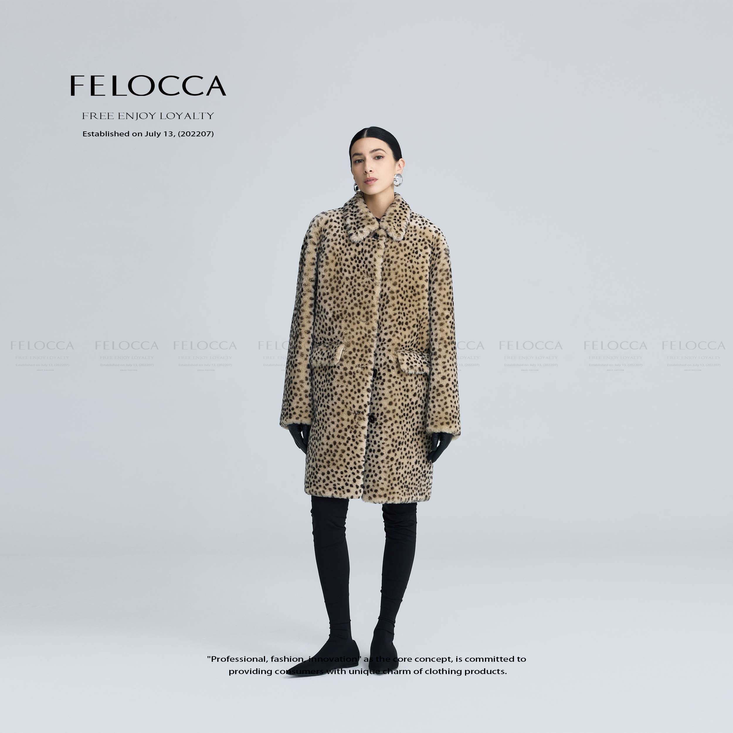 【FELOCCA】豹纹翻领气质中长款皮毛一体外套BA-56663-1