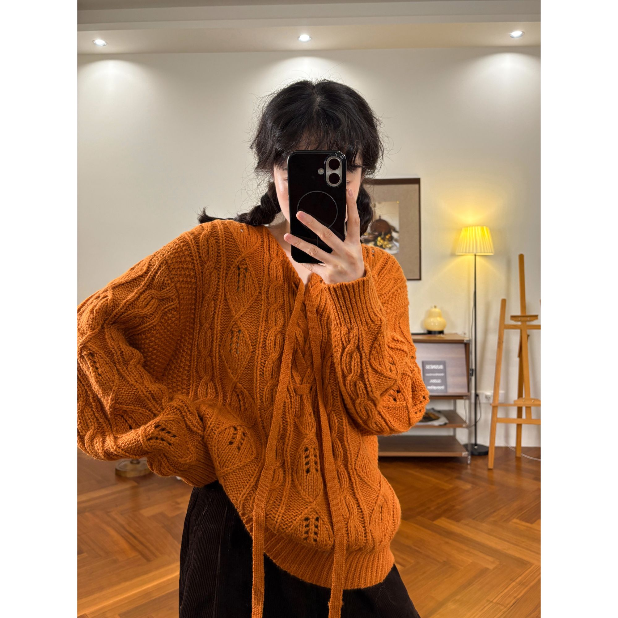 慵懒风设计感绑带麻花毛衣女韩版秋冬新款宽松显瘦百搭针织衫套头