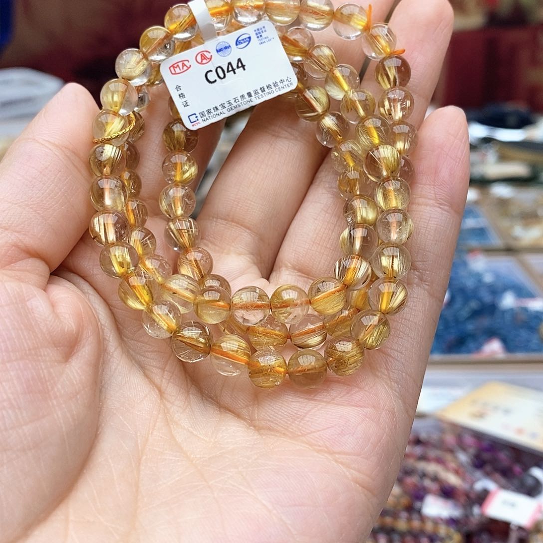 水晶手链未镶嵌雨*石C044黄发晶7.2mm三圈