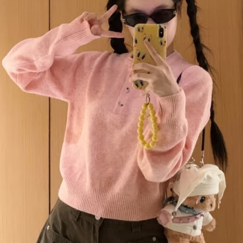 秋季新慵懒风半开粉色软糯针织上衣LK2506633