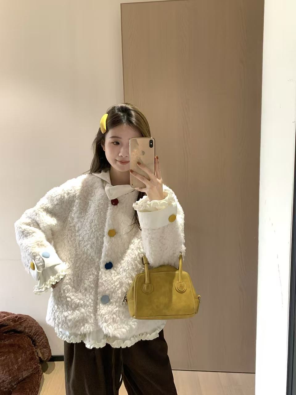 韩11冬季新款彩色纽扣搭配韩系休闲毛毛外套980050