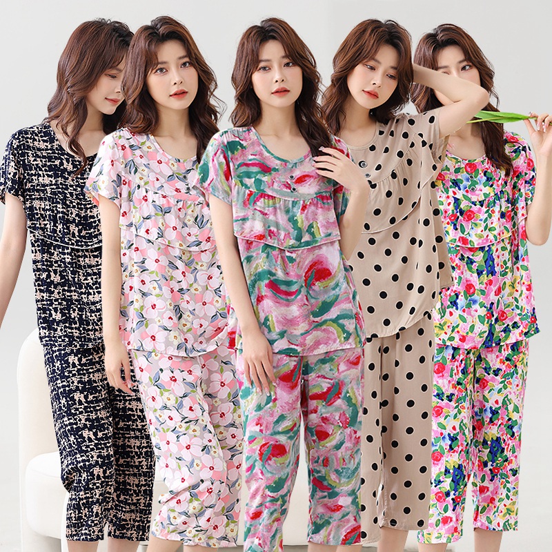 防凸点遮胸绵绸套装可外穿短袖七分裤两件套人造棉休闲薄款家居服