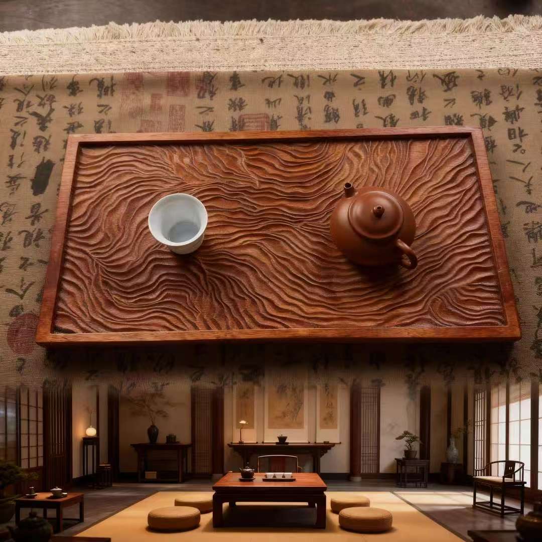 进口海棠木千里江山干泡茶盘原木原色手工雕刻围炉煮茶侘寂风托盘