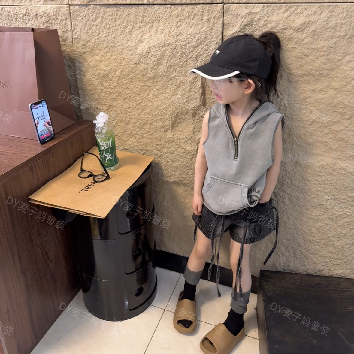 现货MZ.儿童夏季新款炒色做旧毛圈连帽无袖背心2085