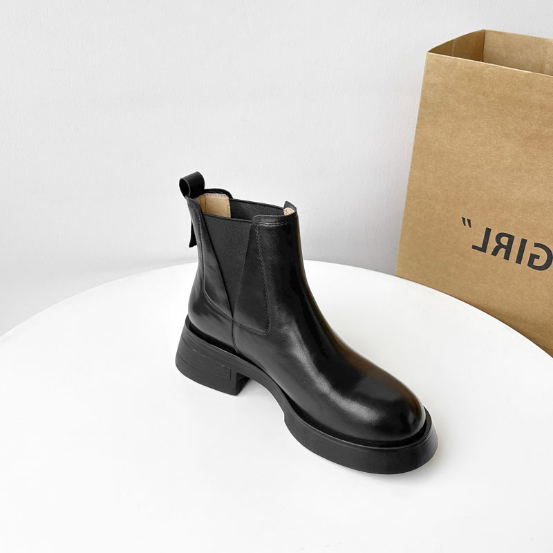 现货】014/5cm/A牛皮短靴女冬百搭真皮圆头粗跟短筒女靴厚底增高