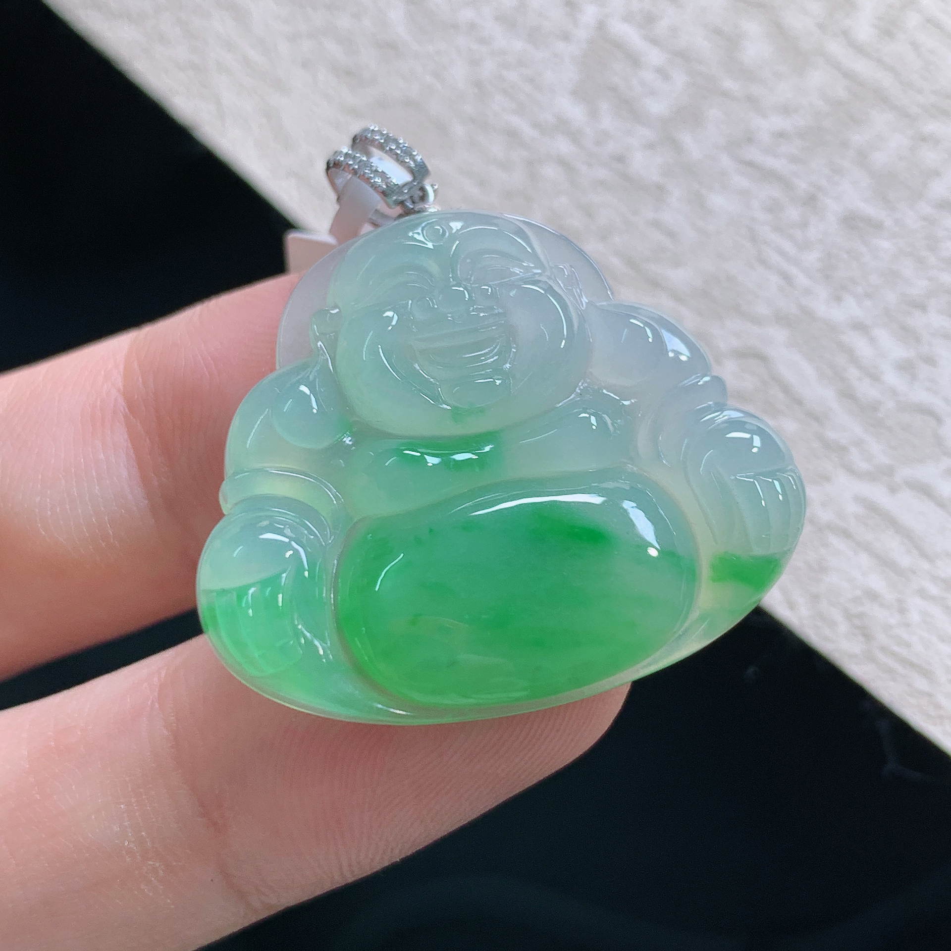 缅甸天然翡翠A货老坑冰种飘阳绿佛公吊坠精品时尚26.6*31*4.9