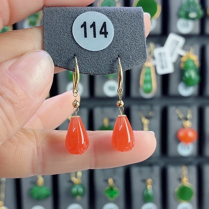 南红玛瑙18K金镶嵌耳饰