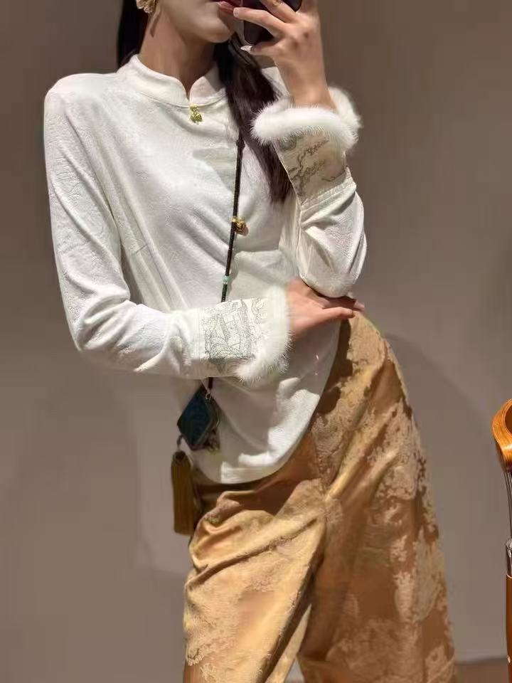 【马蹄袖】气质网红新中式中国风ins圆领秋冬提花打底衫25081