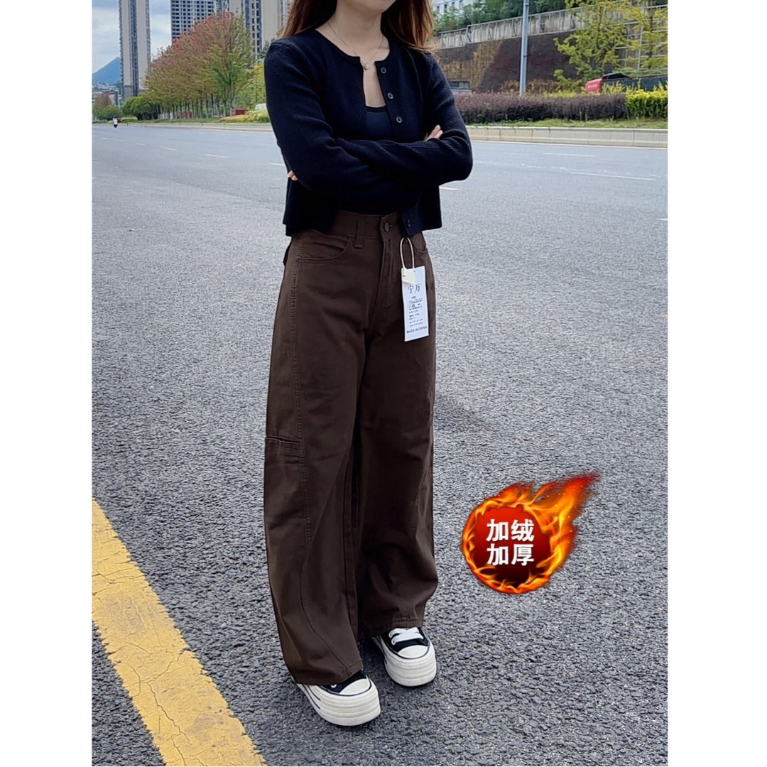 工装裤加厚高腰阔腿裤棕咖色牛仔裤女小个子百搭休闲长裤加绒裤子