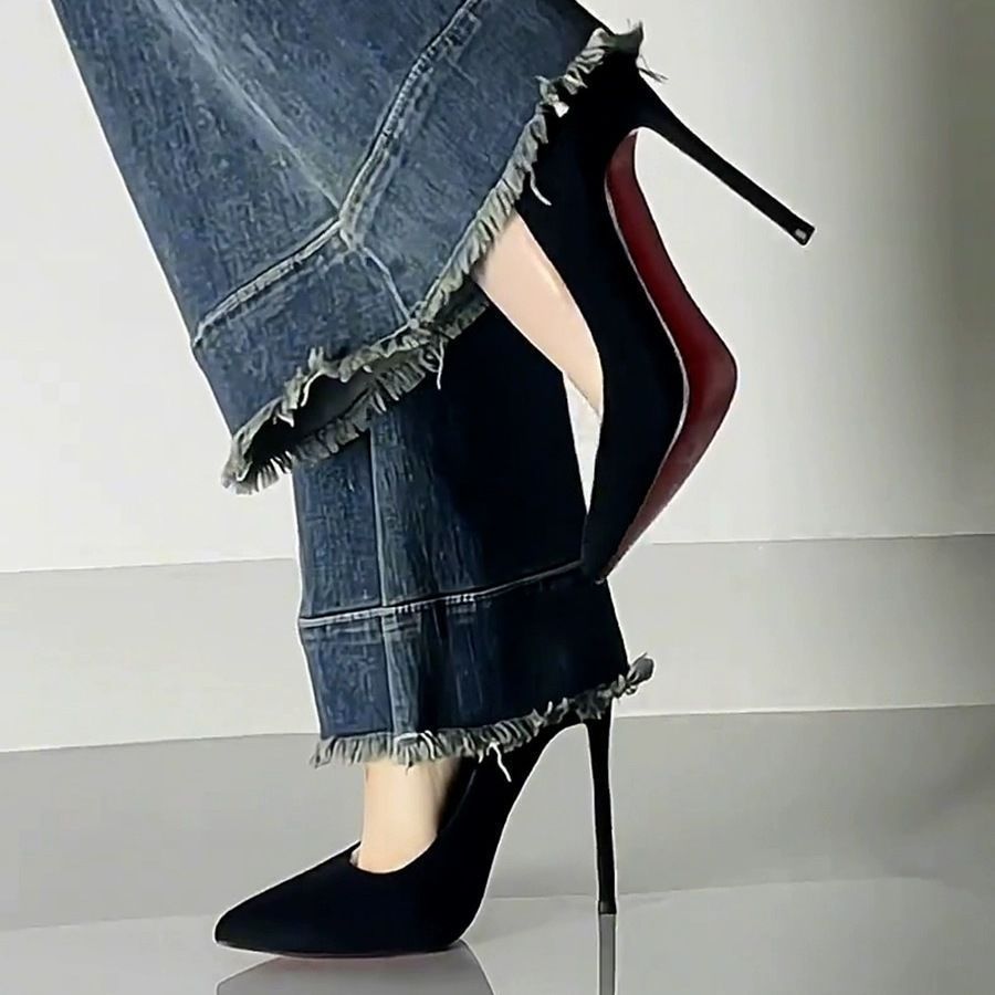 超细高跟鞋女2025新款性感床上炮鞋女时尚黑色红底浅口亮皮单鞋女